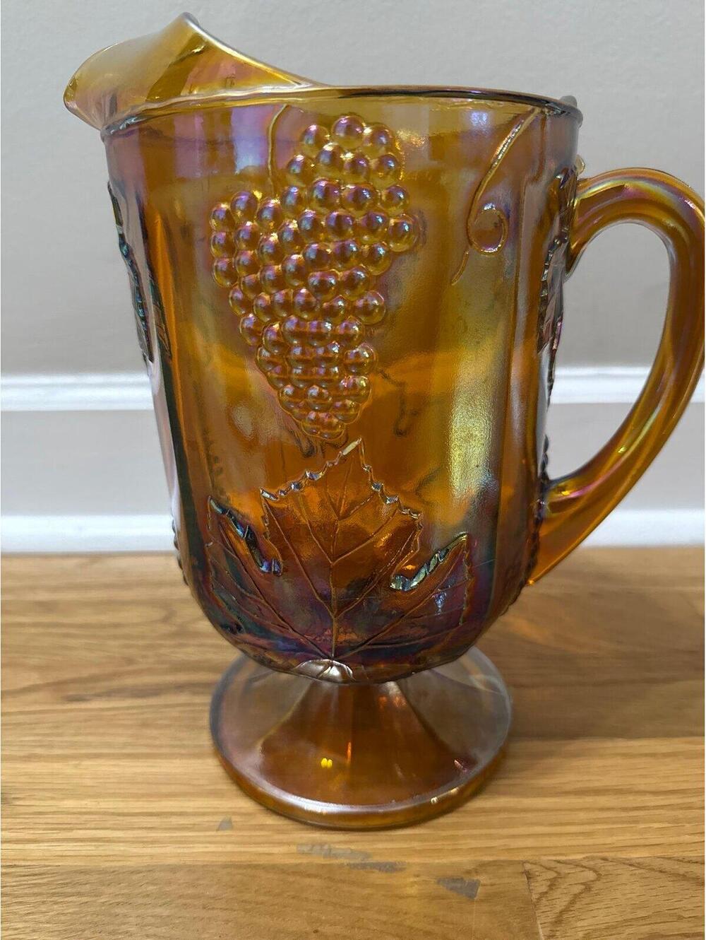 Indiana Carnival Glass Iridescent Marigold Harvest Grape Footed Pitcher Vintage